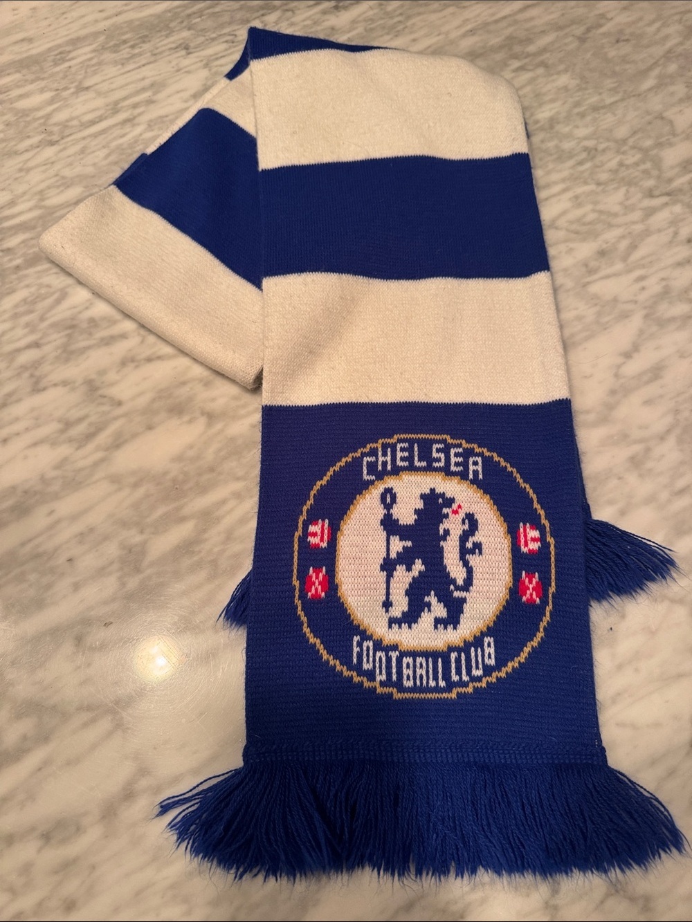 Chelsea Football Club soccer blue & white stripe Chelsea logo fringed scarf.